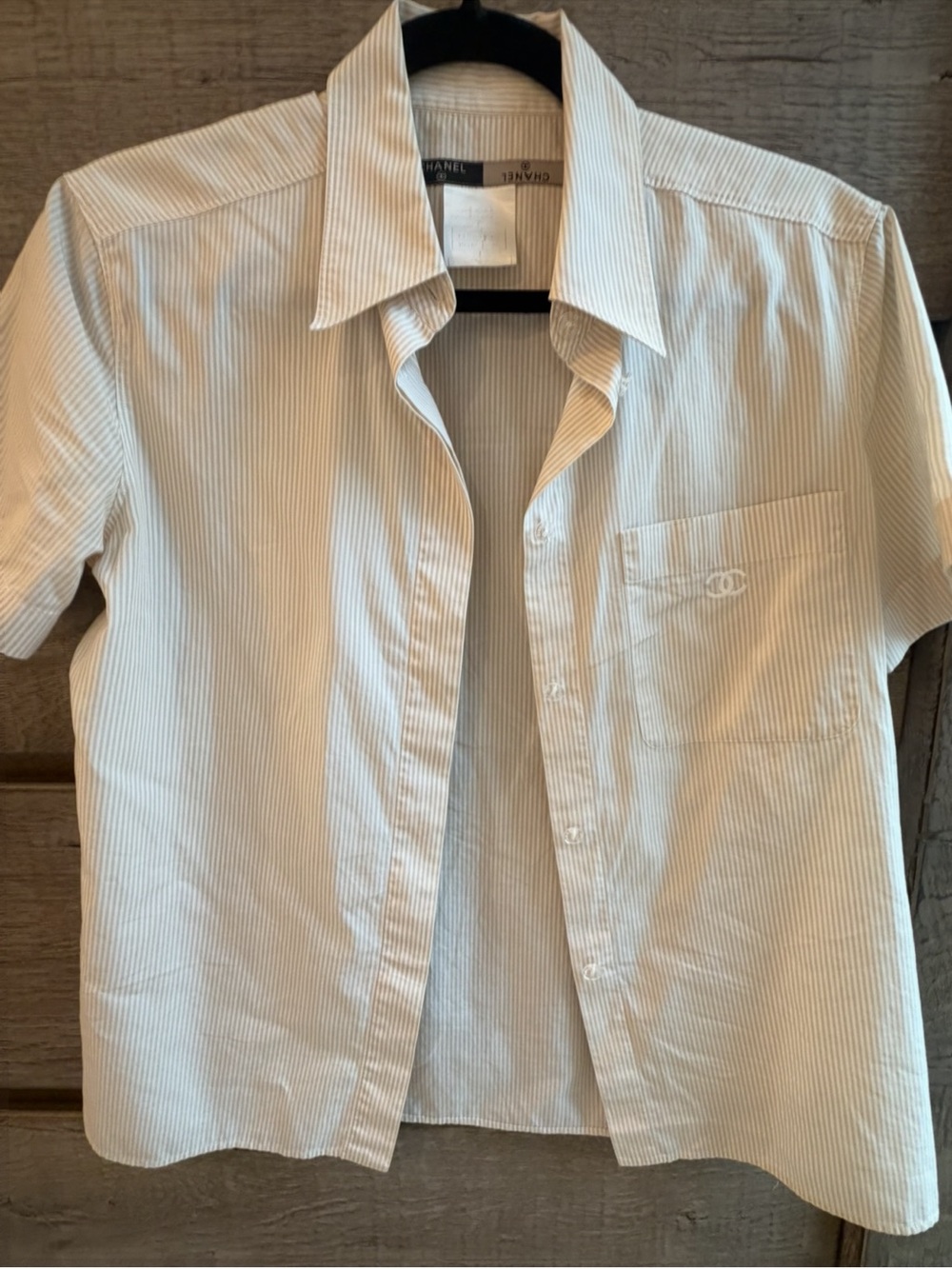 Vintage Chanel Short-Sleeve Stripe Button-Up Shirt in Cream- SUPER RARE- size 38